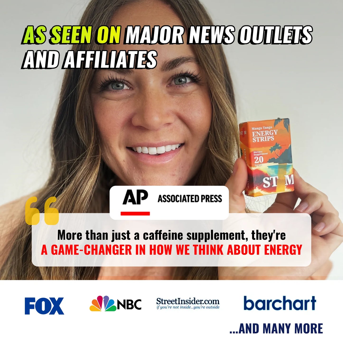 Lady holding a pack of STIM Energy Strips with news coverage from major outlets