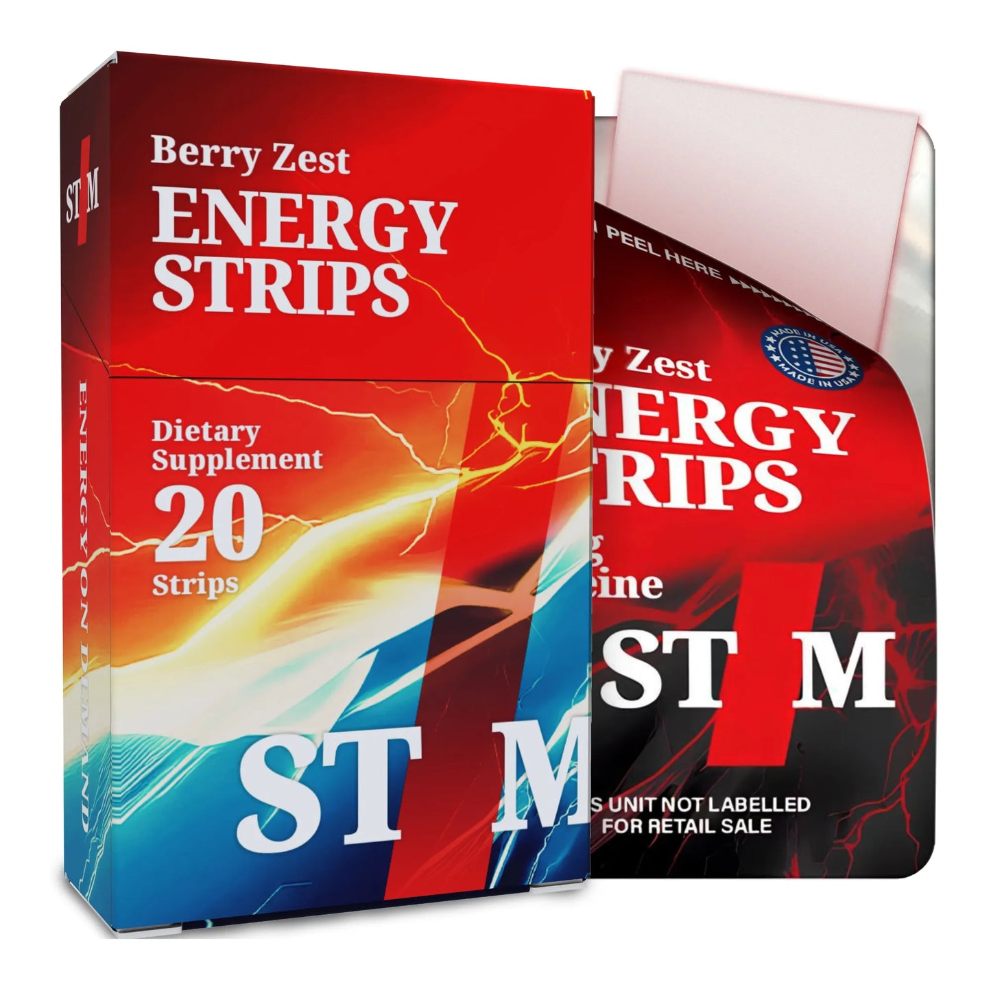 Box and packaging of STIM Berry Zest Energy Strips with branding and product details.