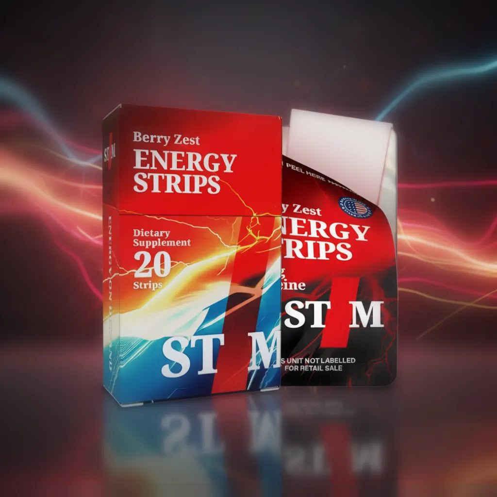STIM Berry Zest Energy Strips work faster, pocket-sized and no bloat or jitters for the smoothest, longest lasting boost with time release caffeine