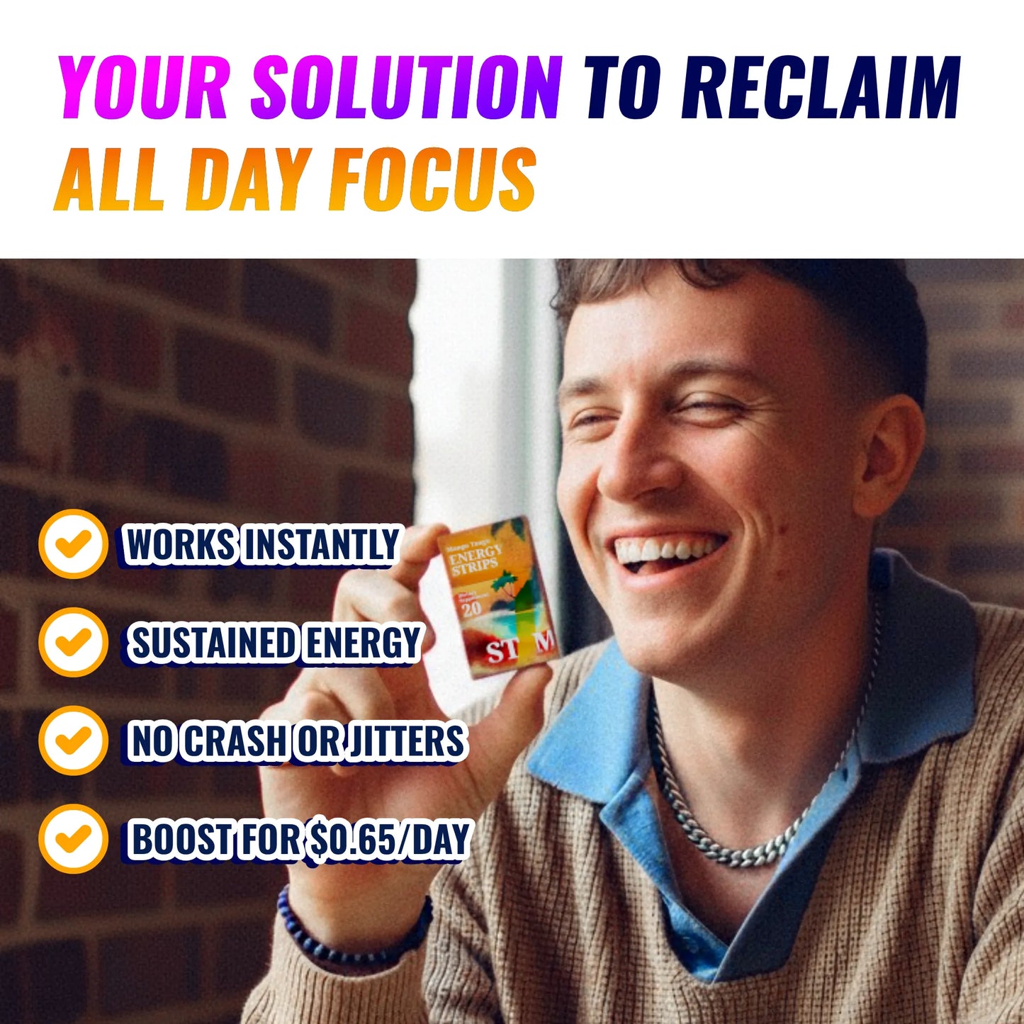 Man using STIM Energy Strips to beat jitters from coffee