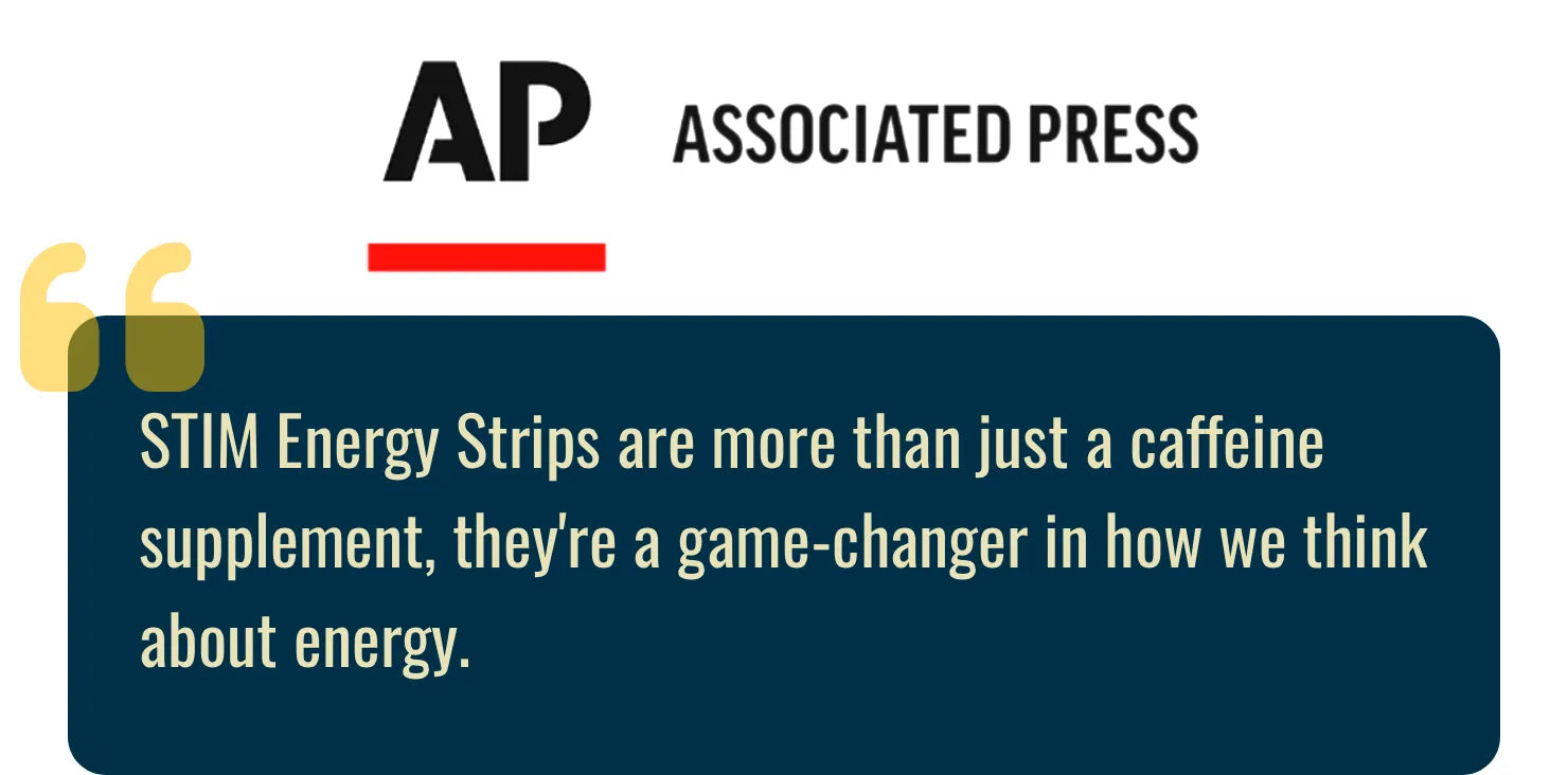 Associated Press quote about STIM Energy Strips on a blue background