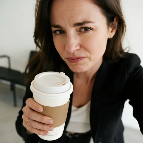 Woman holding a coffee cup looking jittery