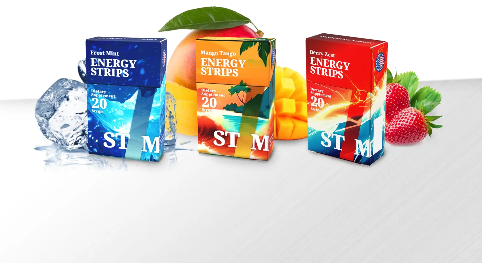 Image of STIM Berry Zest, Mango Tango and Frost Mint packs face up and surrounded by strawberries, mangoes and mint leaves