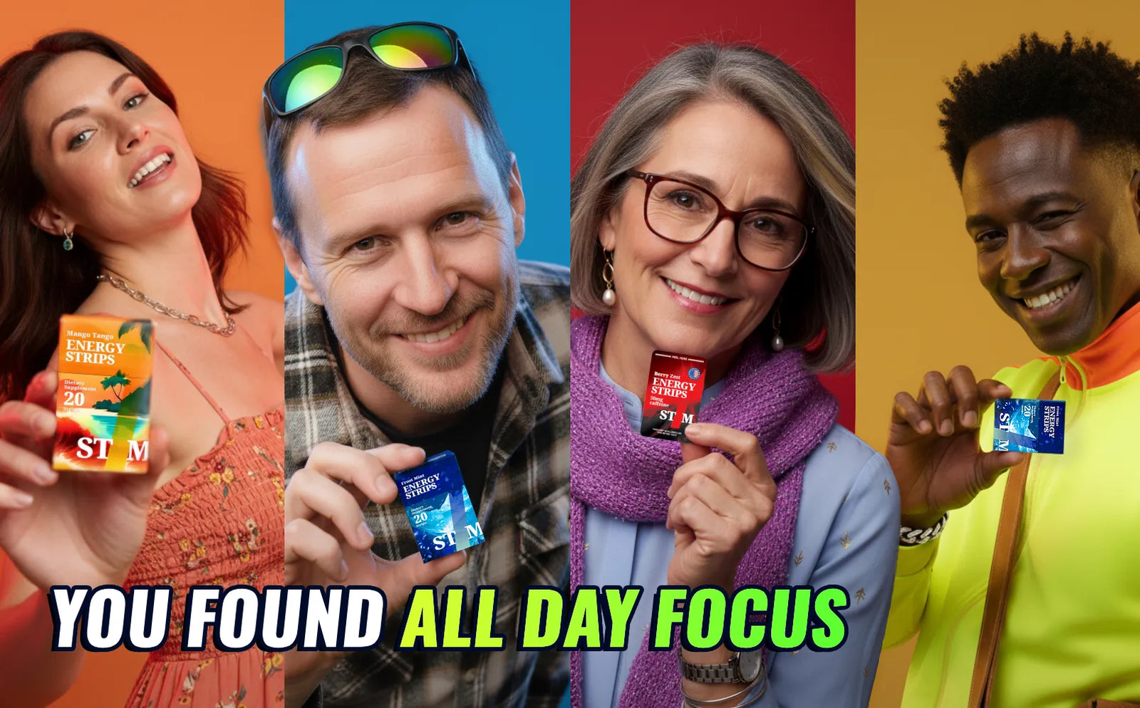 Collage of daily uses and benefits of STIM Energy Strips