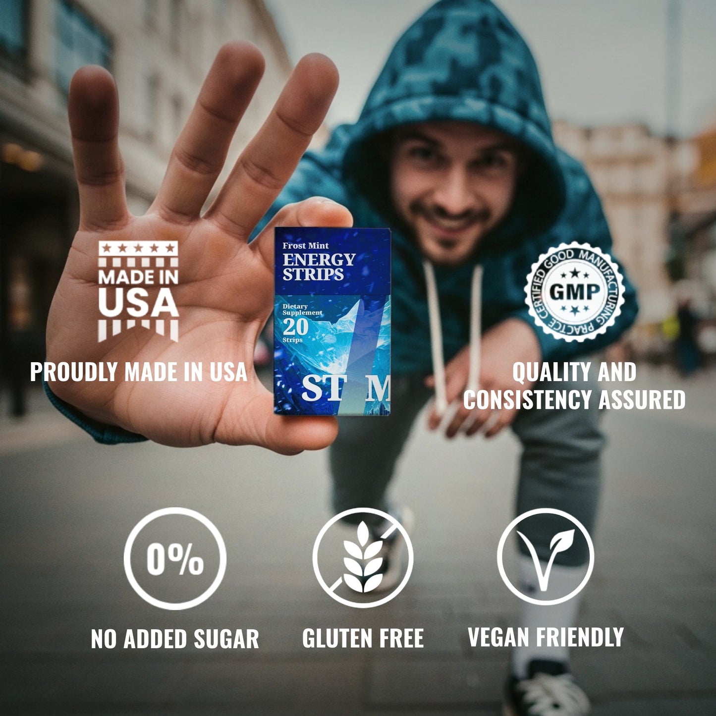 Person holding a pack STIM Energy Strips with trust and quality badges