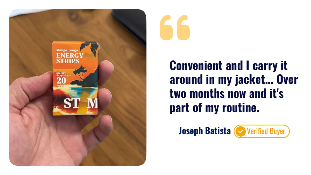 Hand holding STIM energy strip package with a testimonial quote on a white background