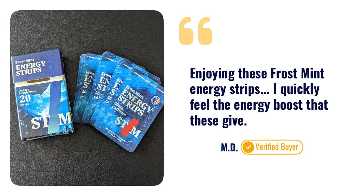 Frost Mint energy strips on a black surface with a quote from a verified buyer.