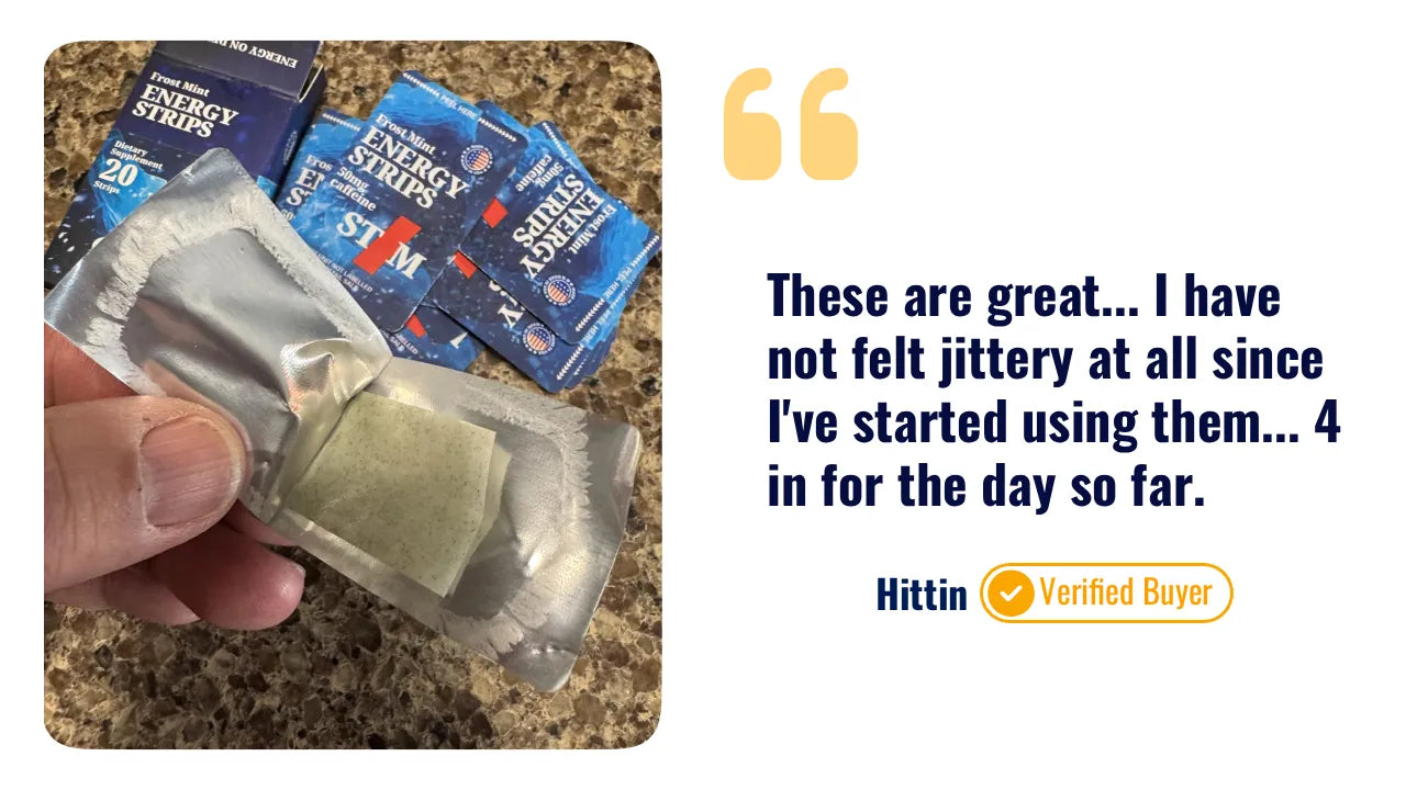 Hand holding STIM energy strip with a testimonial quote on a white background