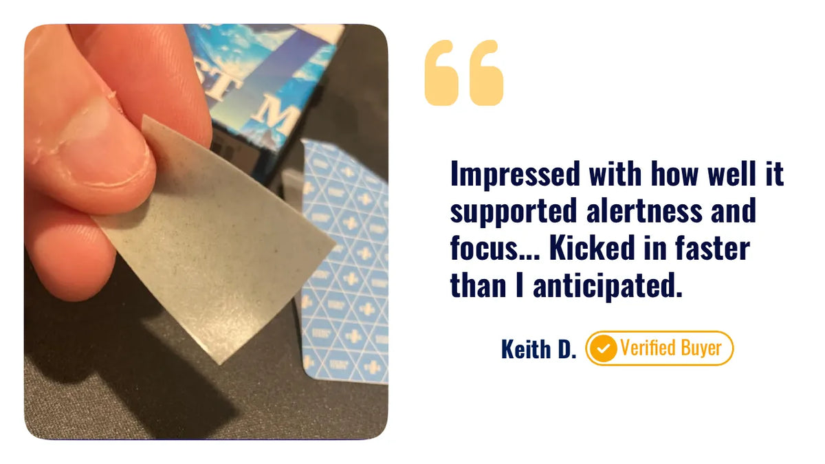 Hand holding an unwrapped STIM Energy Strip with a customer testimonial