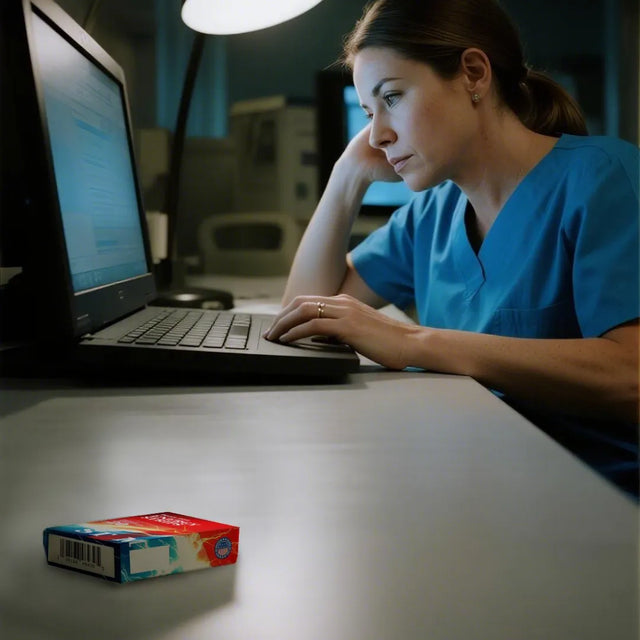 Person in blue scrubs using a laptop with STIM Energy Strips on her desk