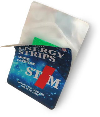 Image of a STIM Frost Mint strip with the foil open showing the green dissolving strip inside