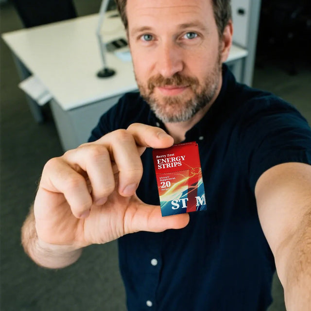 Man holding a package of STIM Energy Strips in an office setting