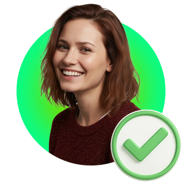 Woman with a smile and a green check mark on a white background