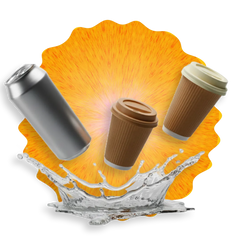 Silver can, two brown paper cups, and water splash on a yellow shell background