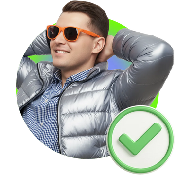 Man wearing a silver puffer jacket and orange sunglasses with a green check mark on a white background