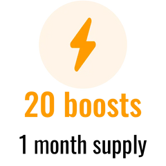 Text '20 boosts 1 month supply' with a lightning bolt icon on a white background