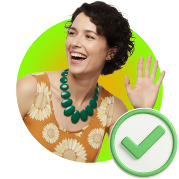 Woman wearing a green necklace with a green check mark on a white background