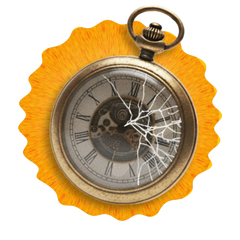 Vintage pocket watch with a broken glass face on a yellow background