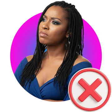 Woman with braided hair against a pink circle background with a red 'X' symbol.