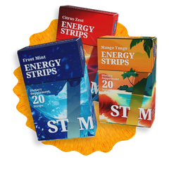 Three boxes of STIM energy strips in different flavors on a white background
