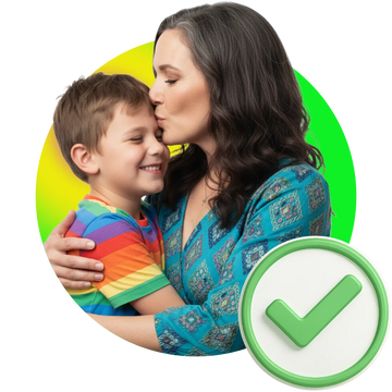 Woman kissing a child on the cheek with a green check mark in the corner