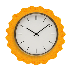 Wall clock with a yellow scalloped edge on a white background