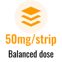 Orange text '50mg/strip' and 'Balanced dose' on a white background
