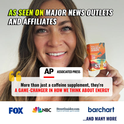 Lady holding a pack of STIM Energy Strips with news coverage from major outlets