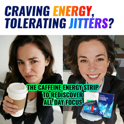 Woman using STIM Energy Strips to beat jitters from coffee