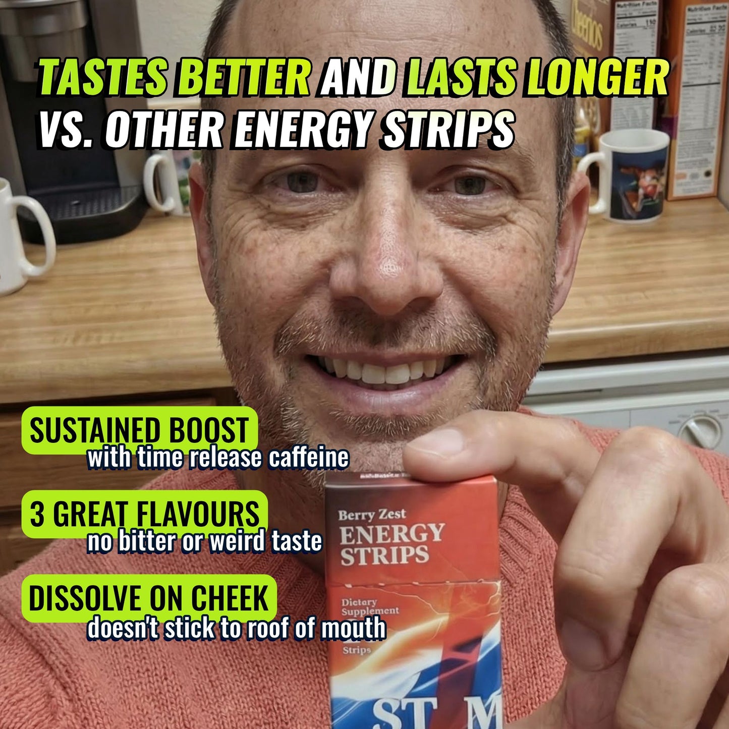Man holding STIM Berry Zest Energy Strips which are better than other energy strips