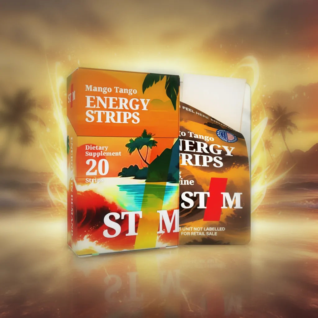 STIM Mango Tango Energy Strips work faster, pocket-sized and no bloat or jitters for the smoothest, longest lasting boost with time release caffeine