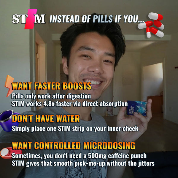 Image of the benefits of STIM Energy Strips vs pills
