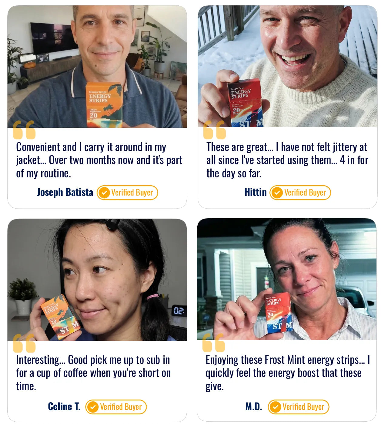 Four people holding STIM energy strips with text reviews