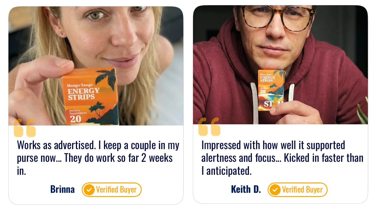 Two people holding STIM energy strips with product reviews below.