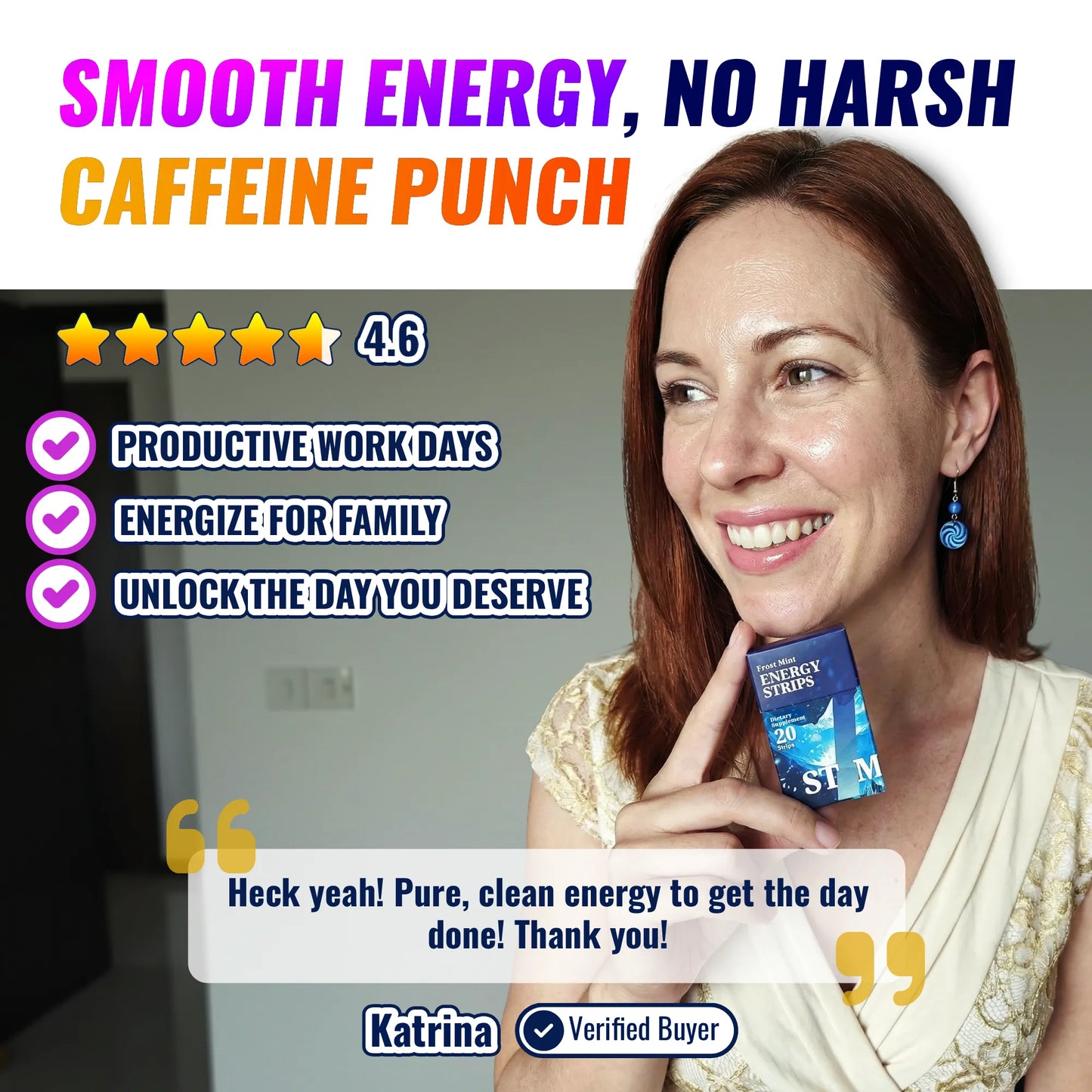 Woman holding STIM Energy Strips which give the smoothest energy boost without the harsh caffeine punch