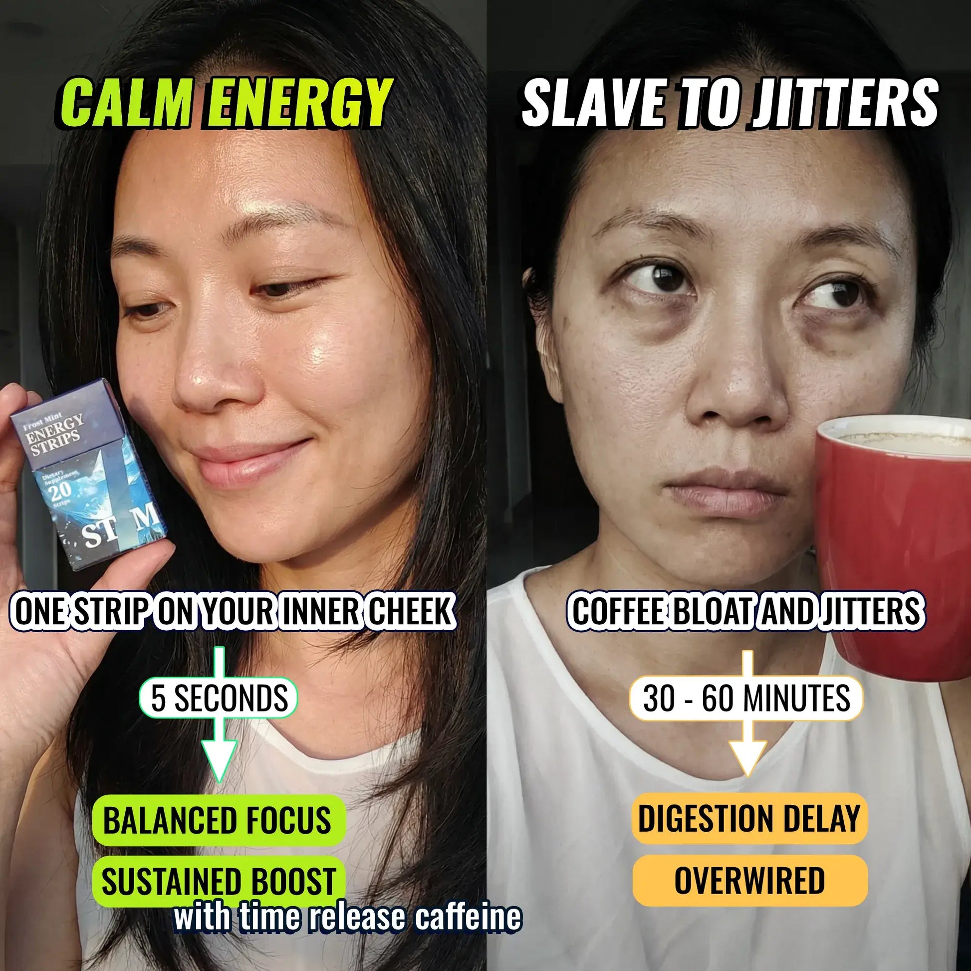 Comparison between STIM Energy Strips vs coffee, STIM works faster and gives a more sustained boost