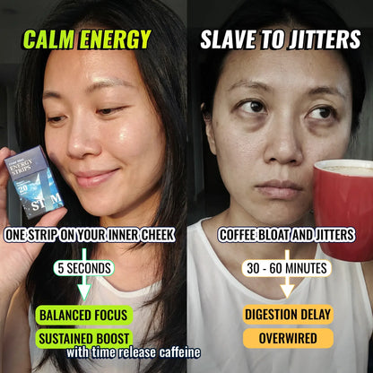 Comparison between STIM Energy Strips vs coffee, STIM works faster and gives a more sustained boost