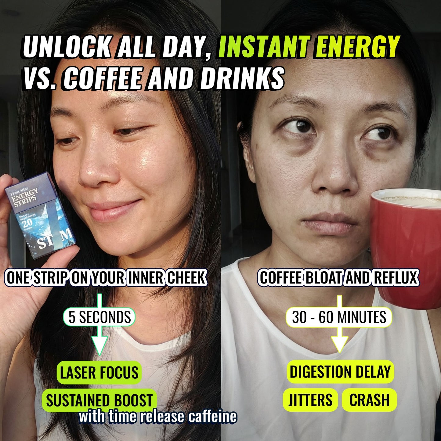 Comparison showing STIM Energy Strips works faster than coffee