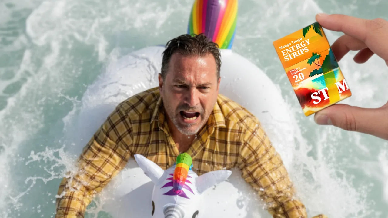 Man floating on a pool floatie with a pack of STIM Energy Strips