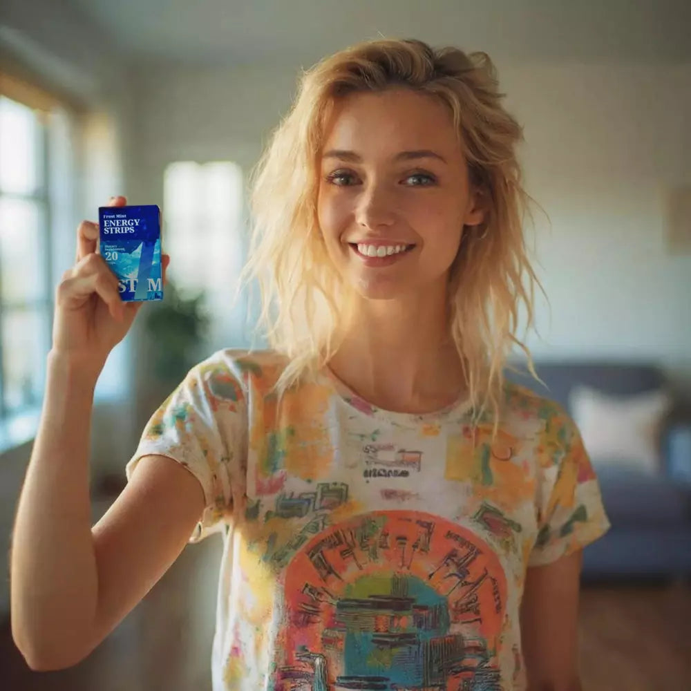 Image of a girl holding a STIM Frost Mint pack at home