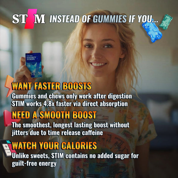 Image of the benefits of STIM Energy Strips vs gummies and chews