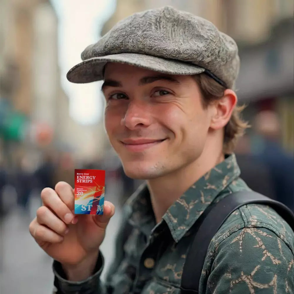 Image of a delivery man holding a STIM Berry Zest pack on the street