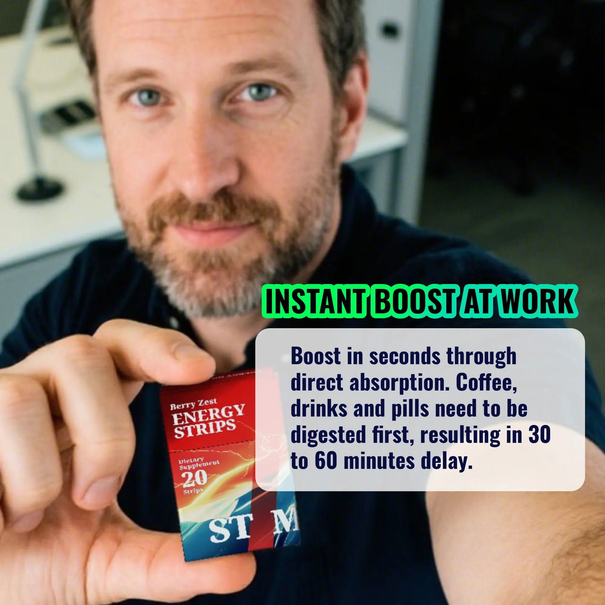 Man holding a box of STIM Energy Strips in an office