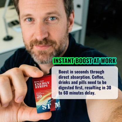 Man holding a box of STIM Energy Strips in an office