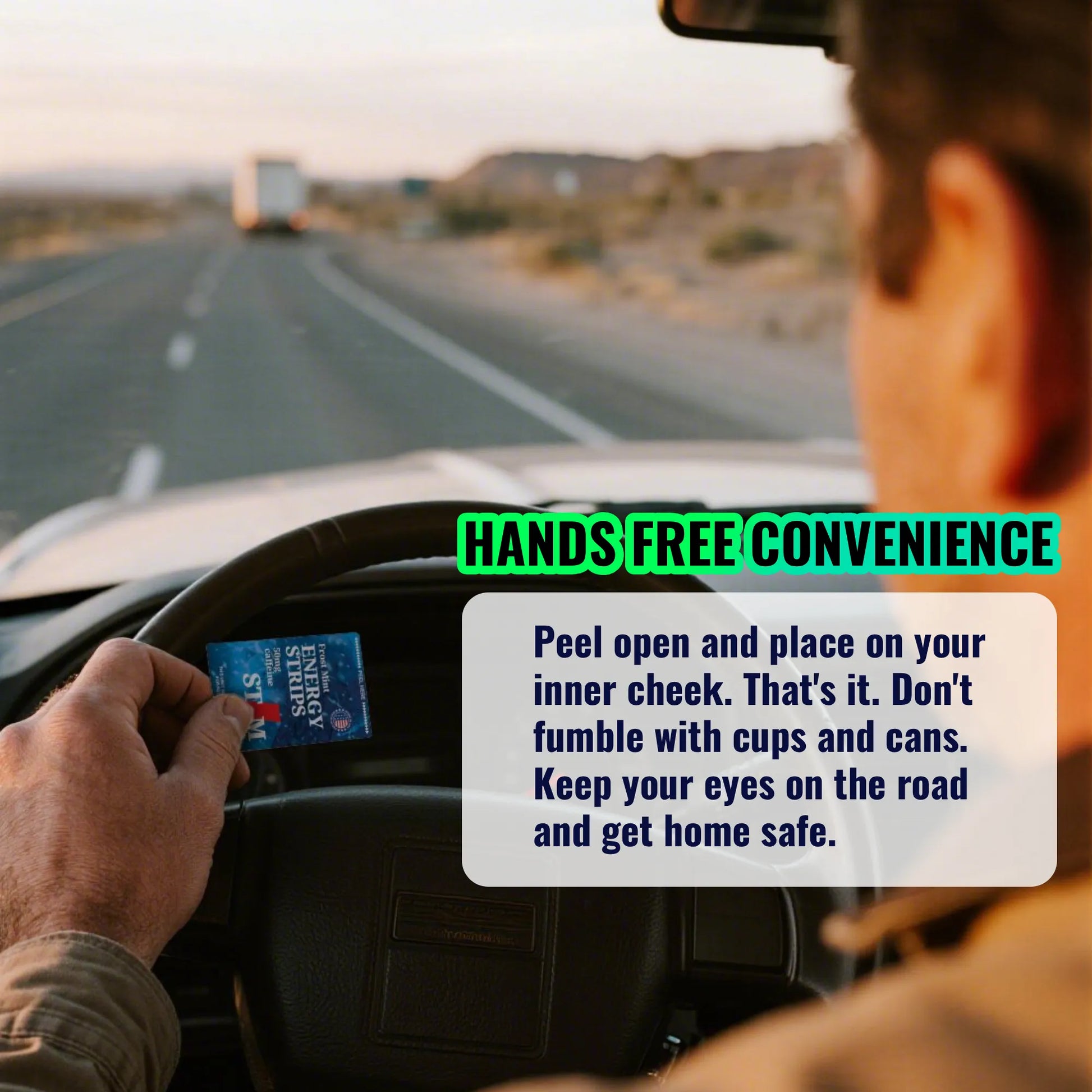 Person driving a car with a STIM Energy Strip on the dashboard, desert landscape outside.