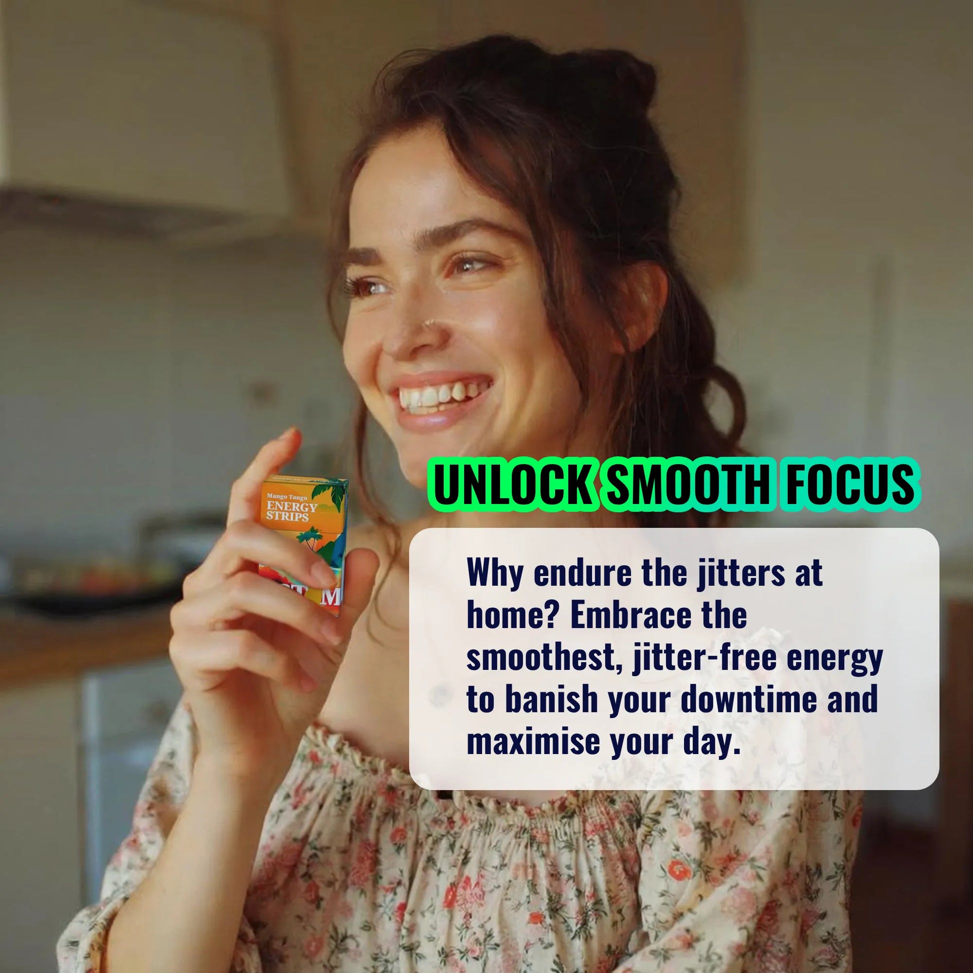 Woman holding a pack of STIM Energy Strips in a kitchen setting