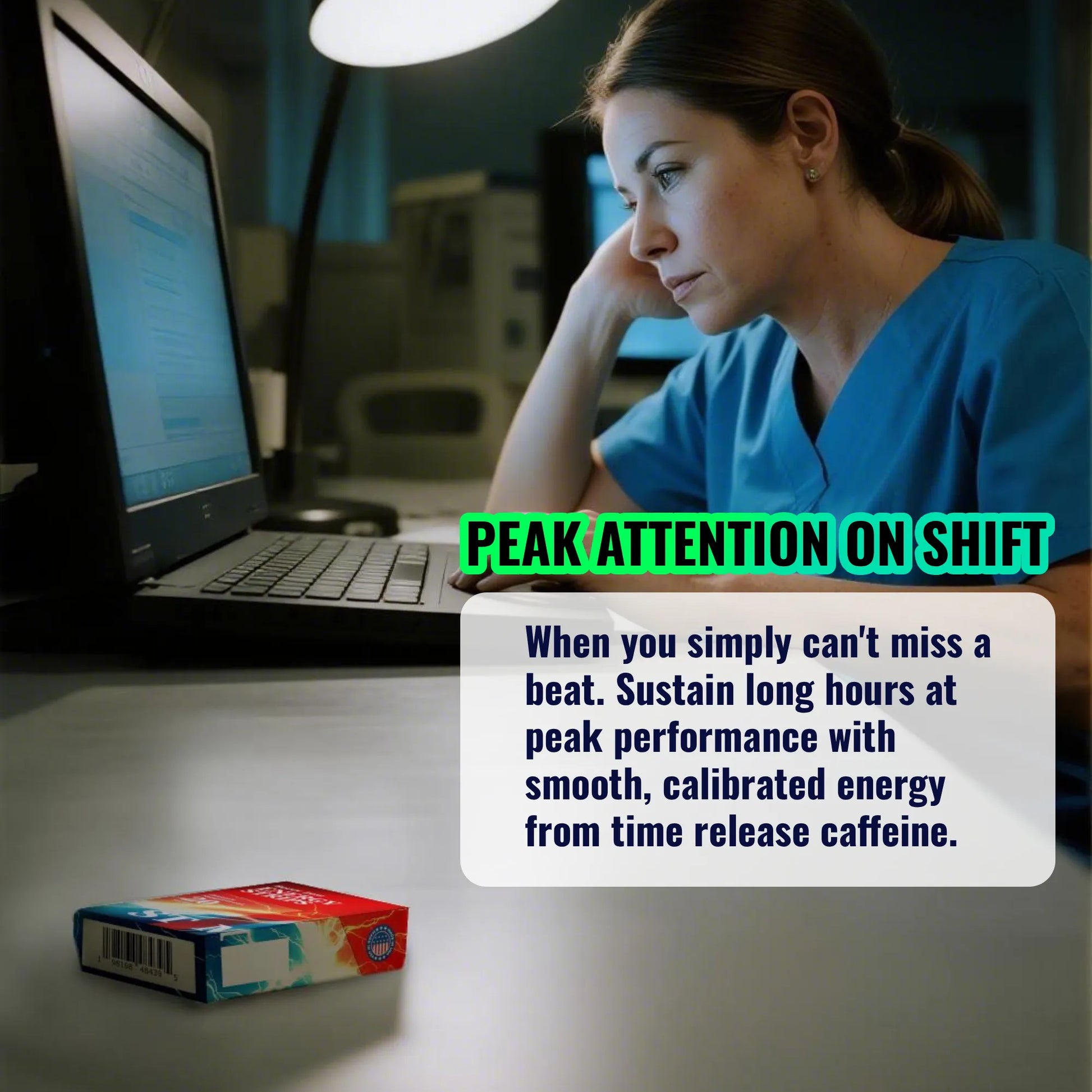 Person in blue scrubs working on a laptop with a box of STIM Energy Strips on a desk.