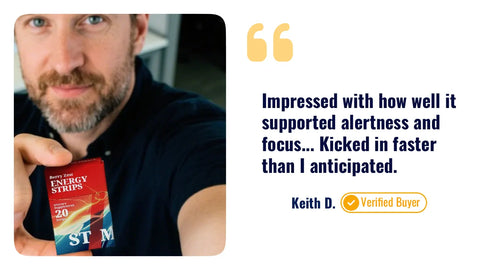 Hand holding an unwrapped STIM Energy Strip with a customer testimonial