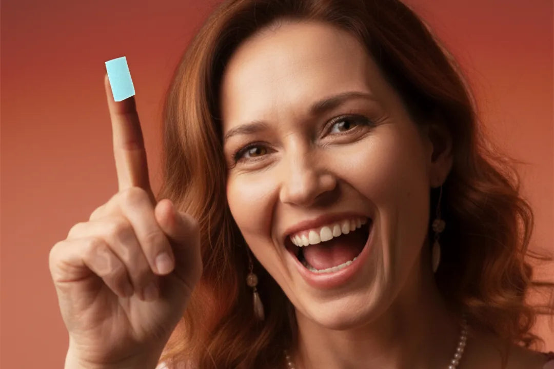 Happy woman free of acid reflux, holding a STIM Energy Strip